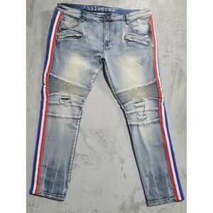 Kilogram Jeans Mens 44x32 Blue Light Wash Distressed Skinny Moto Side Stripe